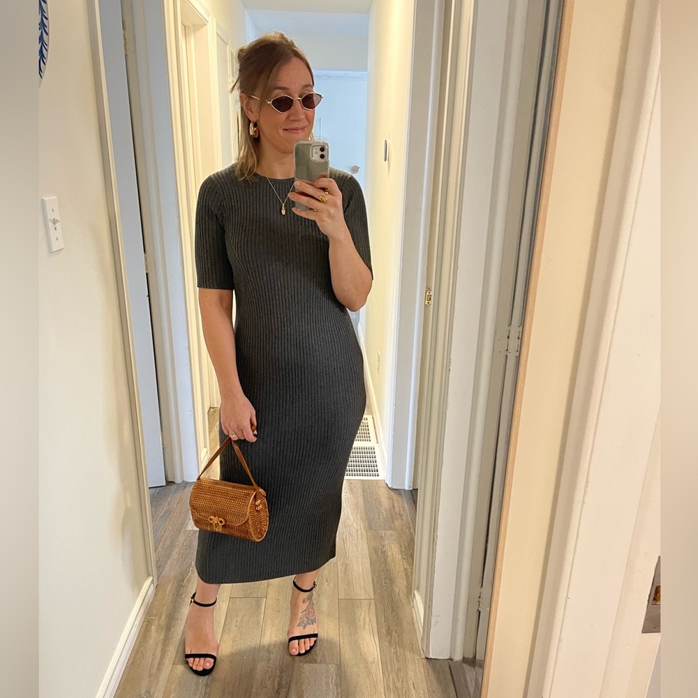 Zara Stunning Ribbed Charcoal Grey Knit Midi Dress